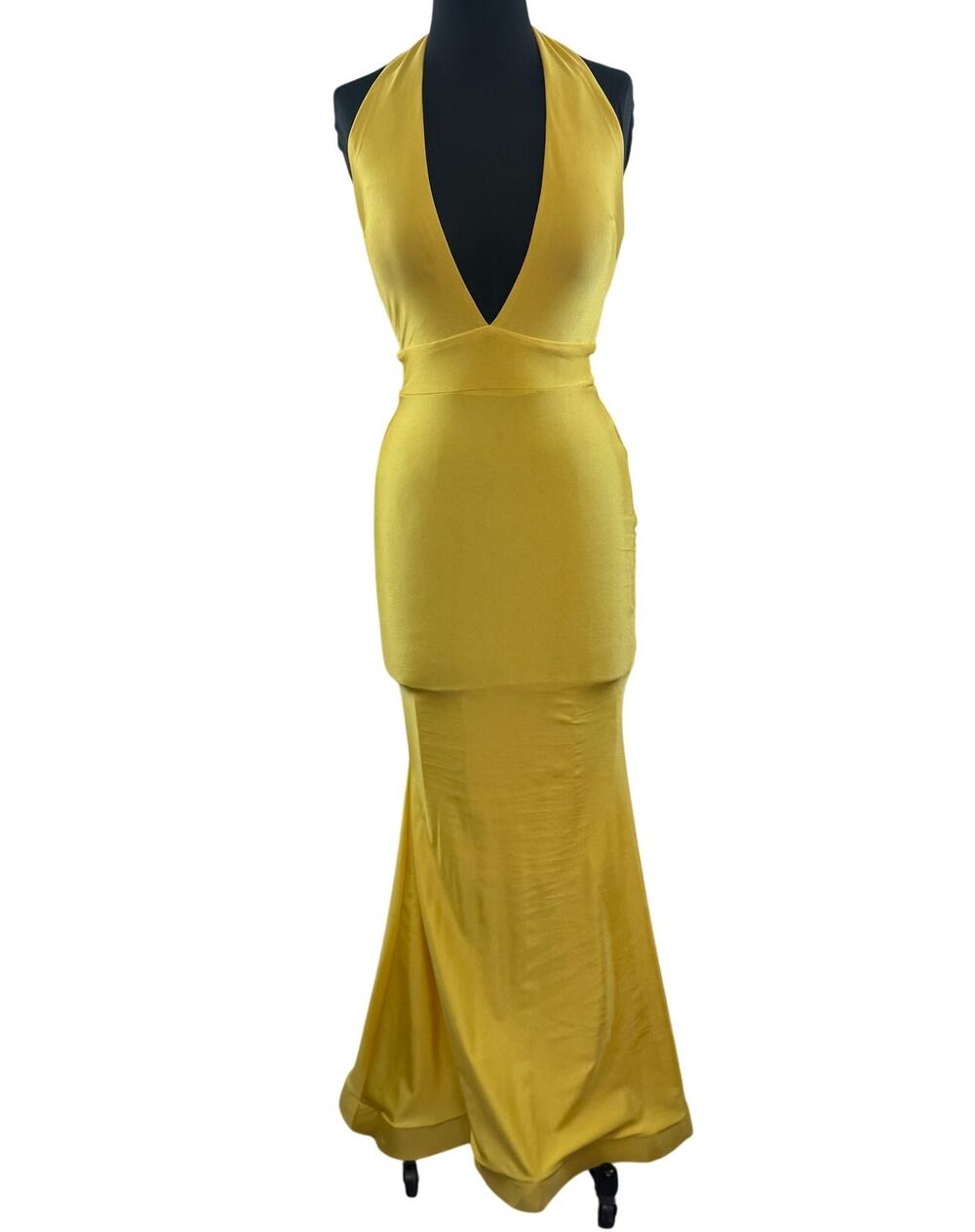 Jessica Angel Yellow Prom Dress Long Stretch Plunge Halter Mermaid Gown S Small